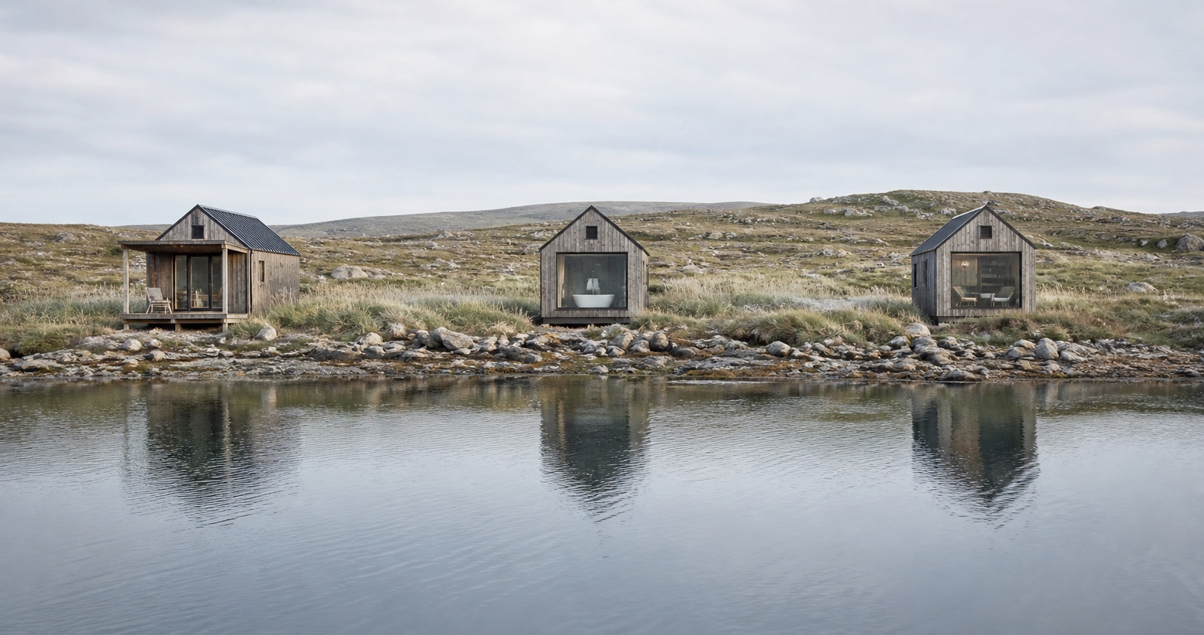 The shared shoreline in front of the three timber cabins